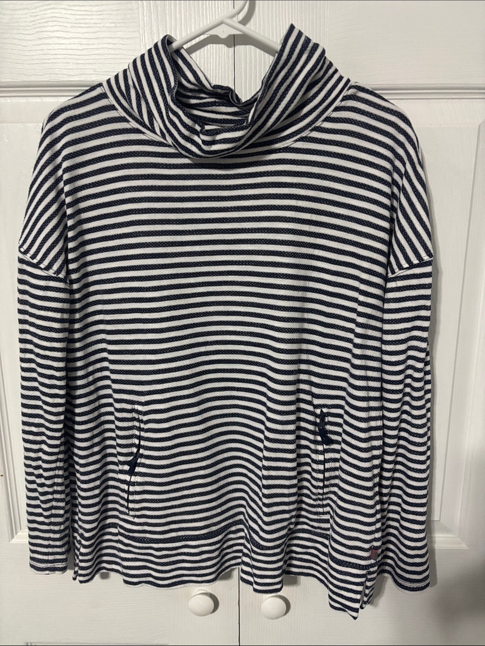 Talbots Navy Blue and White Striped Cowl Neck Sweater